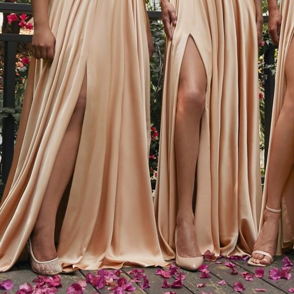 NWT NUDE COLOR PROM PARTY SATIN V-NECKLINE LONG LEG SLIT MAXI GOWN DRESS CD7469 - Picture 3 of 7